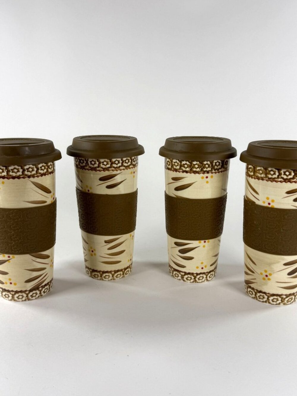 Temp-Tations Old World 16 Oz Travel Mugs Brown Lid Set 4 Ceramic Dishwasher Safe